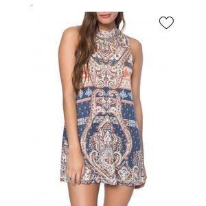 O'Neill Paisley Print Mini Dress in Blue and Cream